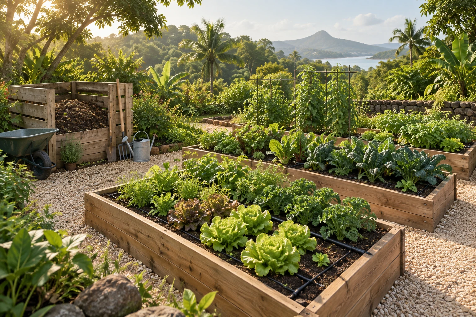 Visualização conceitual de horta com canteiros, irrigação e compostagem